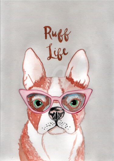 Peinture intitulée "Mops 02 , brown dog…" par Katwrina Golban, Œuvre d'art originale, Aquarelle
