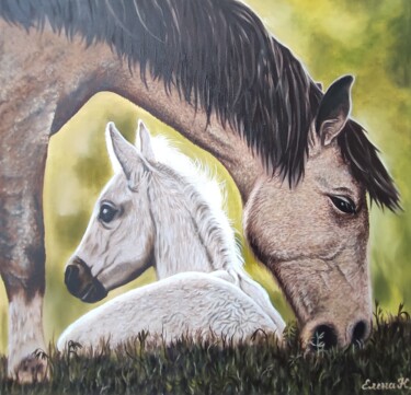 Horse and foal Painting titled "Horse and foal" by Elena Kozyutenko, Original Artwork, Oil Mounted on Wood Stretcher frame