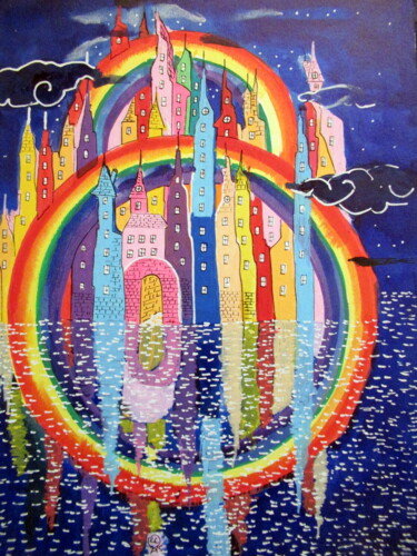 Peinture intitulée "ville aux arc-en-ci…" par Ludovic Catry, Œuvre d'art originale, Acrylique