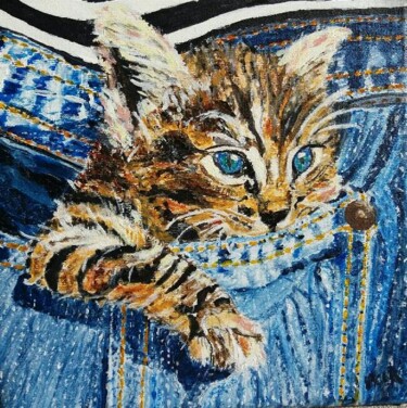 Painting titled "Chaton dans la poch…" by Marie-Claude Le Roux, Original Artwork, Acrylic