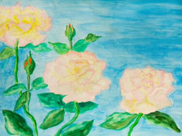 Three pink roses on blue background, Watercolor painting 제목이 "Three pink roses on…"인 미술작품 Irina Afonskaya로, 원작, 수채화