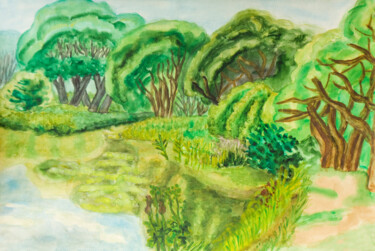 Summer landscape willow trees near lake Ζωγραφική με τίτλο "Summer landscape wi…" από Irina Afonskaya, Αυθεντικά έργα τέχνης, Ακουαρέλα