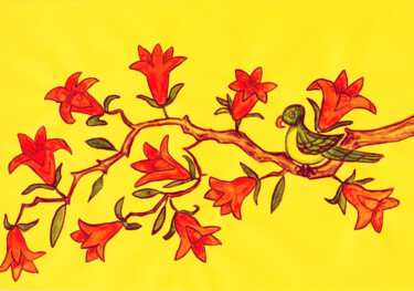 Bird on branch with orange flowers on yellow horizontal Painting titled "Bird on branch with…" by Irina Afonskaya, Original Artwork, Watercolor
