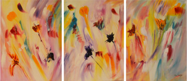 Milieu de saison - triptyque de fleurs 제목이 "Milieu de saison -…"인 미술작품 Âme Sauvage로, 원작, 아크릴 나무 들것 프레임에 장착됨