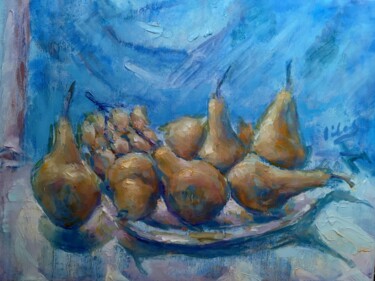 Painting titled "Yellow on Blue" by Alex Klas, Original Artwork, Oil Mounted on Wood Stretcher frame