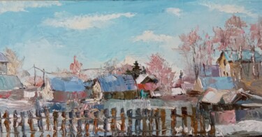 Painting titled "Пейзаж Первый снег." by Tatiana Shutova, Original Artwork, Oil Mounted on Wood Stretcher frame