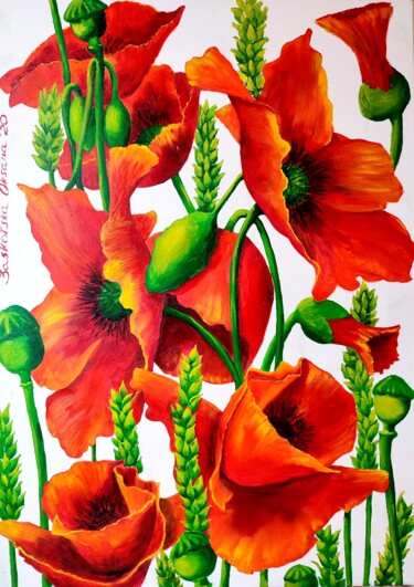 绘画 标题为“POPPIES” 由Oksana Zaskotska, 原创艺术品, 油 安装在木质担架架上