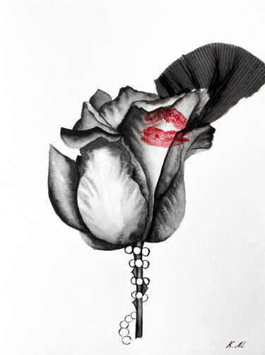 My kiss on a black rose in a veil Painting Dibujo titulada "My kiss on a black…" por Kristina Mallen, Obra de arte original, Acuarela