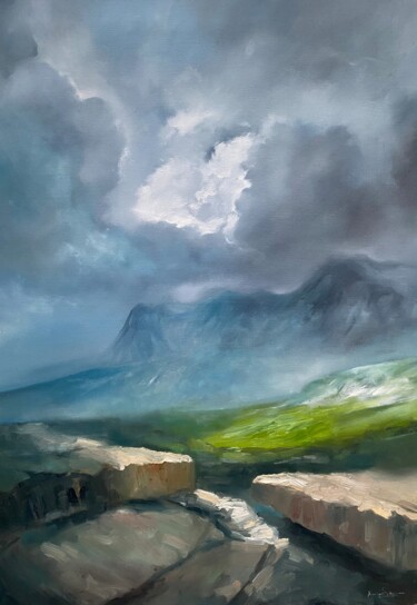 Painting titled "Riverside" by Artem Grunyka, Original Artwork, Oil Mounted on Wood Stretcher frame