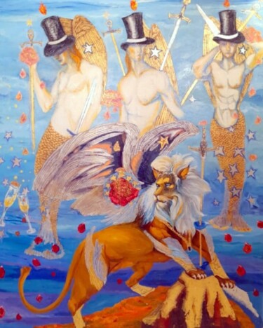 LOS PRINCIPES DEL CIELO. TRES ADONIS Y UN LEON Peinture intitulée "LOS PRINCIPES DEL C…" par Beatriz Zucaro, Œuvre d'art originale, Huile Monté sur Châssis en bois