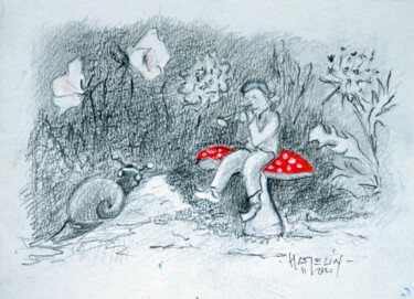 Un korrigan joue du mirliton sur une amanite des césars Drawing titled "Un korrigan joue du…" by Michel Hamelin, Original Artwork, Pencil