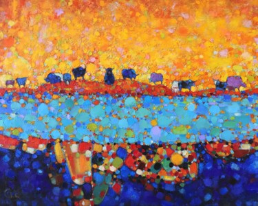 Painting titled "Yaks" by Natalya Chepulskaya, Original Artwork, Oil Mounted on Wood Stretcher frame
