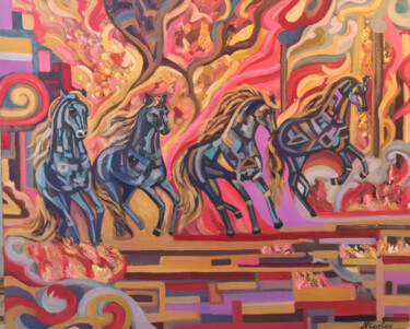 绘画 标题为“«Fiery horses»” 由Pintor Nicolas, 原创艺术品, 油 安装在木质担架架上