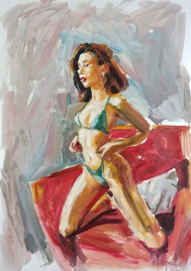Peinture intitulée "Nü mavi iç giyim" par Muzaffer Bulut, Œuvre d'art originale, Huile