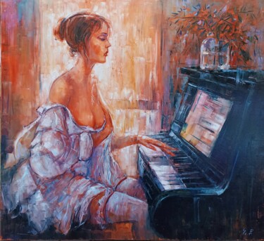 Piano player (100x100cm, oil painting) 제목이 "Piano player (100x1…"인 미술작품 Narek로, 원작, 기름 나무 들것 프레임에 장착됨