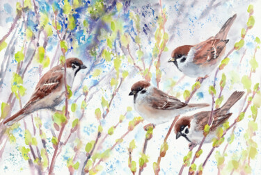 Painting titled "Sparrows in spring" by Alyona Masterkova, Original Artwork, Watercolor