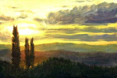 Italy Landscape Sunset Tuscany Hills and Cypresses Pintura titulada "Italy Landscape Sun…" por Andrea Del Pesco, Obra de arte original, Oleo