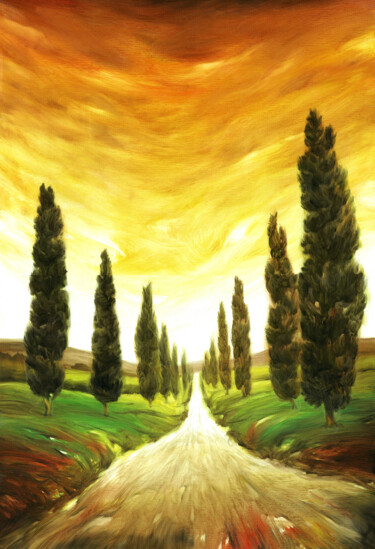 Italy Landscape Cypresses and Sunset Pintura titulada "Italy Landscape Cyp…" por Andrea Del Pesco, Obra de arte original, Oleo