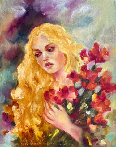Woman Portrait Painting Red Flowers 「Woman Portrait Pain…」というタイトルの絵画 Isolde Pavlovskayaによって, オリジナルのアートワーク, オイル