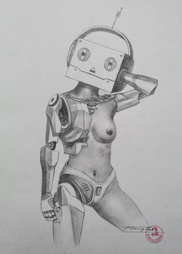 Robot girl Drawing titled "Robot girl" by Hongtao Huang, Original Artwork, Pencil
