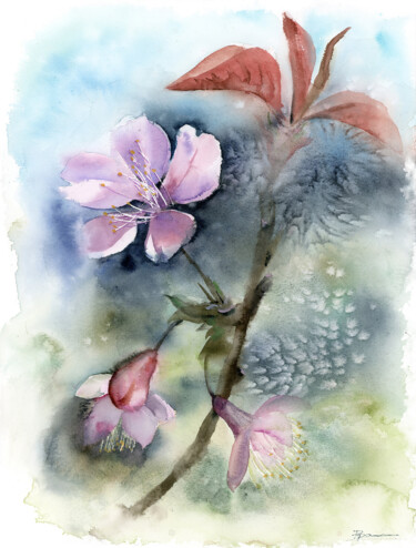 Cherry blossom branch - Original Watercolor Painting Ζωγραφική με τίτλο "Cherry blossom bran…" από Paintispassion, Αυθεντικά έργα τέχνης, Ακουαρέλα
