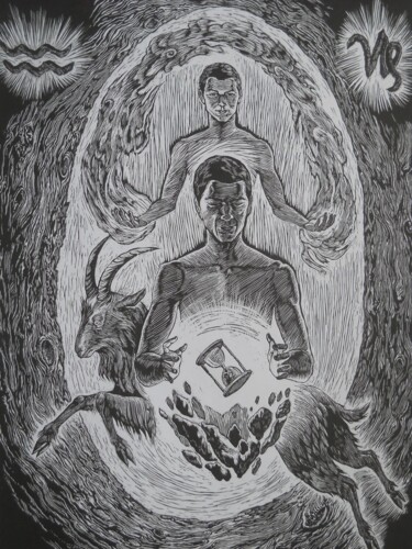 Printmaking titled "zodiac Capricorn" by Irina Venelinova Karaivanova, Original Artwork, Linocuts
