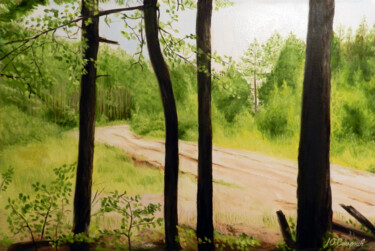 Painting titled "Forest walk" by Yury Smirnov, Original Artwork, Oil Mounted on Wood Stretcher frame