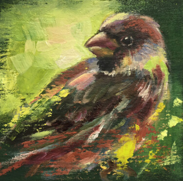 encadré petit oiseau cadre doré peinture cadeau mignon moine 「encadré petit oisea…」というタイトルの絵画 Valerie Serovaによって, オリジナルのアートワーク, オイル