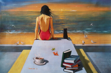 Watch the sunrise with my cat Peinture intitulée "Watch the sunrise w…" par Hongtao Huang, Œuvre d'art originale, Huile