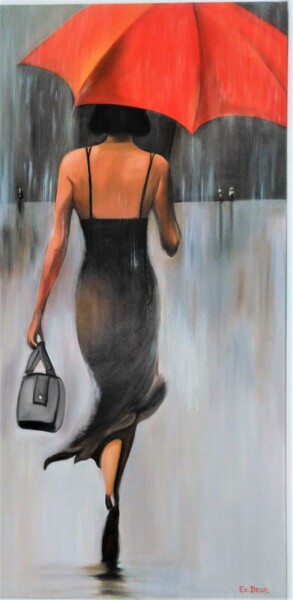 Painting titled "parapluie rouge" by Evelyne Deuil, Original Artwork, Oil Mounted on Wood Stretcher frame