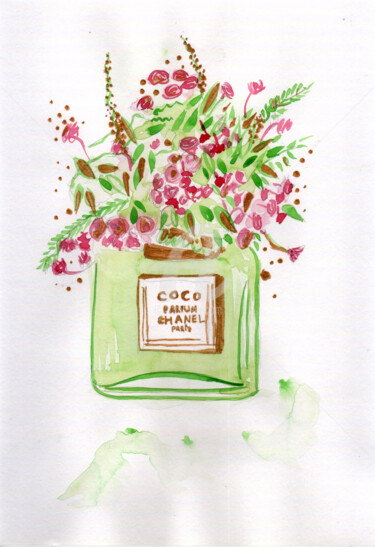 Coco chanel parfum 3 ,當代藝術,鮮花 Painting titled "Coco chanel parfum…" by Katwrina Golban, Original Artwork, Watercolor