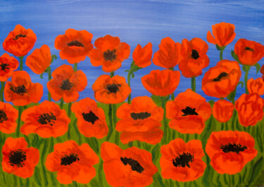 Red poppies on green grass and blue sky oil painting 「Red poppies on gree…」というタイトルの絵画 Irina Afonskayaによって, オリジナルのアートワーク, オイル