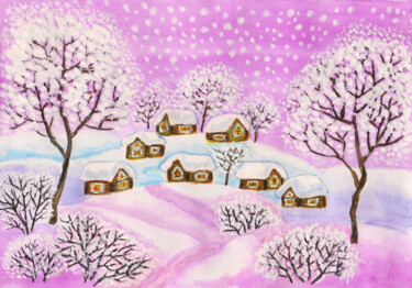 Winter landscape on purple watercolor painting on paper 绘画 标题为“Winter landscape on…” 由Irina Afonskaya, 原创艺术品, 水彩