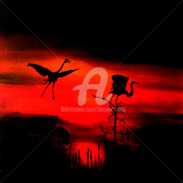 Painting titled "S024-Birds at Night" by Clement Tsang, Original Artwork, Oil