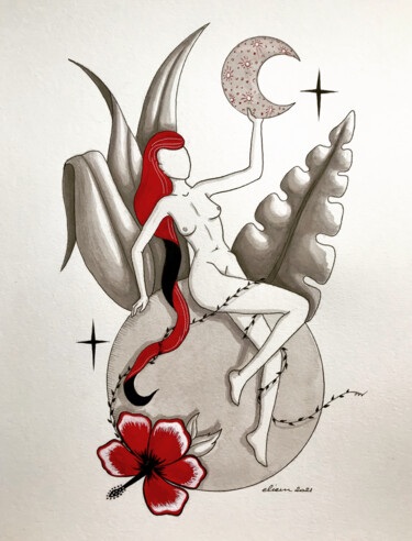 图画 标题为“Planète Hibiscus” 由Emmanuelle Liem, 原创艺术品, 墨