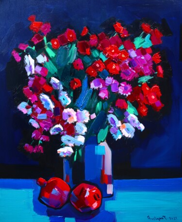 Field flowers and pomegranates (45x55cm, oil painting) Peinture intitulée "Field flowers and p…" par Tigran Aveyan, Œuvre d'art originale, Huile Monté sur Châssis en bois