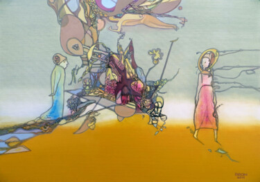 Painting titled "Walking On Yellow" by Aeon, Original Artwork, Oil Mounted on Wood Stretcher frame