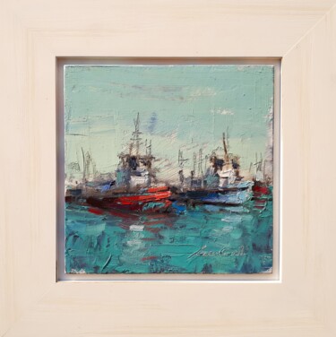 Painting titled "In the port" by Kazimierz Mordarski, Original Artwork, Oil