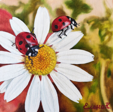 Ladybugs on chamomile 제목이 "Ladybugs on chamomi…"인 미술작품 Elena Kozyutenko로, 원작, 기름 판지에 장착됨