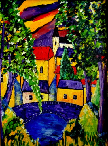 Schilderij getiteld "village coloré" door Ludovic Catry, Origineel Kunstwerk, Olie