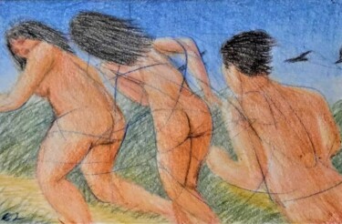 图画 标题为“Flight of the Naked” 由Edwin Loftus, 原创艺术品, 粉彩 安装在其他刚性面板上