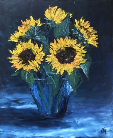 Painting titled "SUNFLOWERS" by Anastasiia Novitskaya, Original Artwork, Oil Mounted on Wood Panel