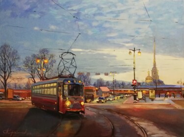 Вечерний трамвай на Петроградке Pittura intitolato "Вечерний трамвай на…" da Aleksey Korabelnikov, Opera d'arte originale, Tempera