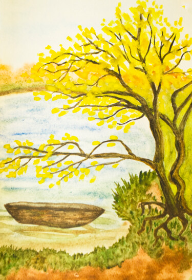 Autumn landscape with boat vertical Painting titled "Autumn landscape wi…" by Irina Afonskaya, Original Artwork, Watercolor
