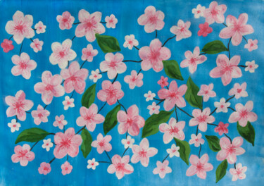 Pink flowers on blue background 제목이 "Pink flowers on blu…"인 미술작품 Irina Afonskaya로, 원작, 수채화
