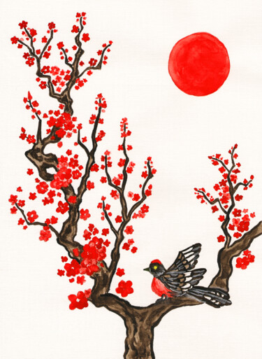 Bird on branch with red flowers on white background vertical Painting titled "Bird on branch with…" by Irina Afonskaya, Original Artwork, Watercolor