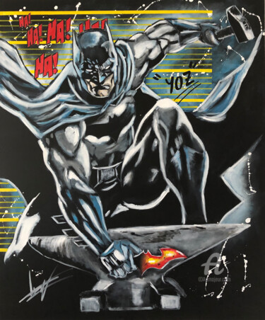 Painting titled "Batman à la Forge" by Yoz, Original Artwork, Acrylic Mounted on Wood Stretcher frame