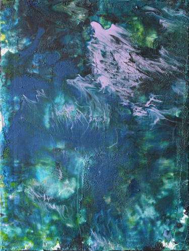 «Mystic Pink Bird» blue green texture abstract art Painting titled "«Mystic Pink Bird»…" by Palirina, Original Artwork, Acrylic Mounted on Wood Stretcher frame