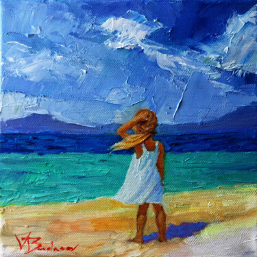 Painting titled "Девочка и ветер" by Valery Budanov, Original Artwork, Oil