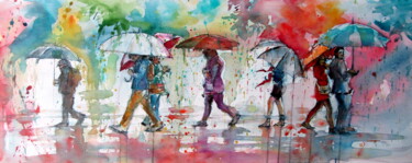 「Walking people at r…」というタイトルの絵画 Anna Brigitta Kovacs (KAB)によって, オリジナルのアートワーク, 水彩画 ウッドストレッチャーフレームにマウント